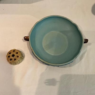L816 Antique Roseville Blue Apple Blossom Centerpiece Bowl with Flower Frog