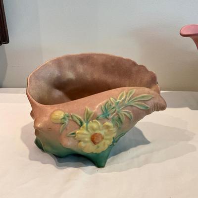 L817 Antique Roseville Large Pink Peony Conch Shell Planter