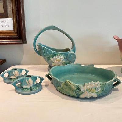 L819 Antique Roseville Handled Waterlily Basket, Candlesticks and Centerpiece Bowl