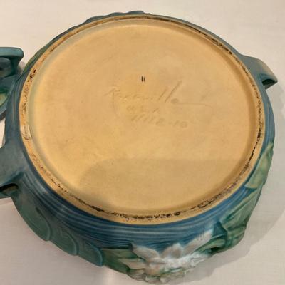 L819 Antique Roseville Handled Waterlily Basket, Candlesticks and Centerpiece Bowl