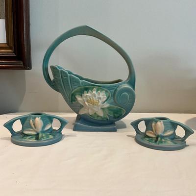 L819 Antique Roseville Handled Waterlily Basket, Candlesticks and Centerpiece Bowl