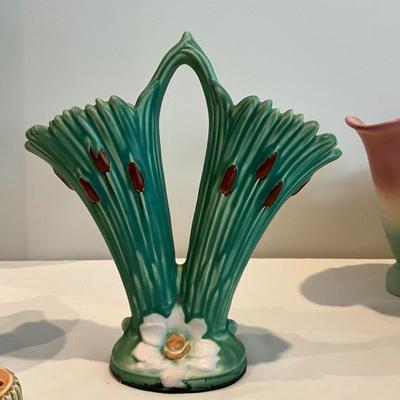 L830 Early Antique Roseville "The Bridge" Pitcher and Weller Cattail Vase