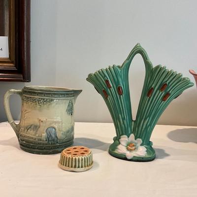 L830 Early Antique Roseville "The Bridge" Pitcher and Weller Cattail Vase