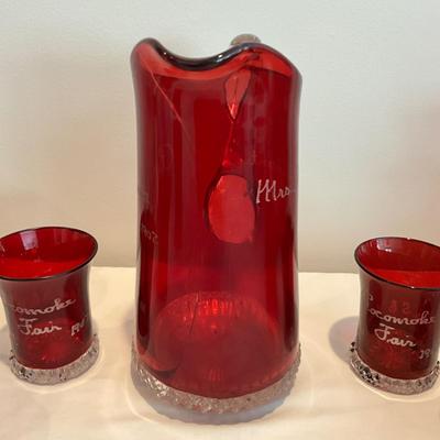 L823 Antique Cranberry Glass Souvenir Pitcher with Glasses Set Pocomoke Fair 1907