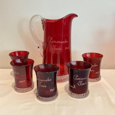 L823 Antique Cranberry Glass Souvenir Pitcher with Glasses Set Pocomoke Fair 1907