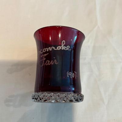 L823 Antique Cranberry Glass Souvenir Pitcher with Glasses Set Pocomoke Fair 1907