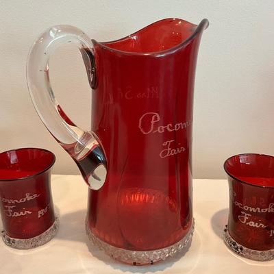 L823 Antique Cranberry Glass Souvenir Pitcher with Glasses Set Pocomoke Fair 1907