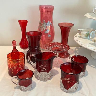 L824 Large Lot of Cranberry Glass, Flash Glass, and Ruby Glassware