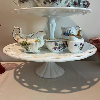 L825 Lot of Three MIlk Glass Pedestal Plates with 6 Sets of Children's Sugar and Creamers