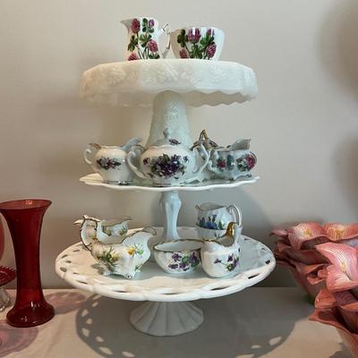 L825 Lot of Three MIlk Glass Pedestal Plates with 6 Sets of Children's Sugar and Creamers