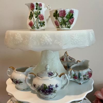 L825 Lot of Three MIlk Glass Pedestal Plates with 6 Sets of Children's Sugar and Creamers