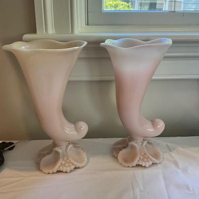 L828 Large Set of Pink Cambridge Glass Vases, Bowls