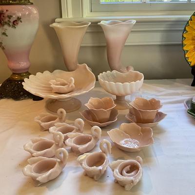 L828 Large Set of Pink Cambridge Glass Vases, Bowls