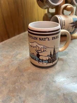 BUNN COFFEE MAKER WITH EXTRA POT AND BASKET, ROCKY MTN NAT’L PARK MUGS ON STAND AND MORE
