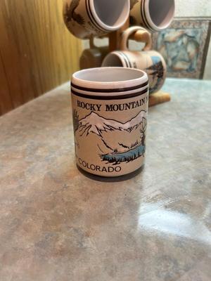 BUNN COFFEE MAKER WITH EXTRA POT AND BASKET, ROCKY MTN NAT’L PARK MUGS ON STAND AND MORE