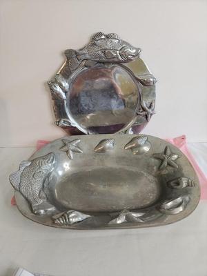 Lot #143 Lot of 2 "Pewter finish" serving dishes - seafood theme