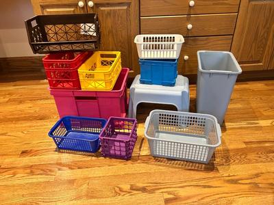 ORGANIZING STORAGE SOLUTIONS. A WASTE CAN AND STEP STOOL