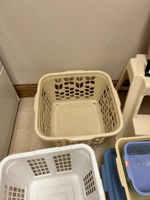 LAUNDRY BASKETS, STEP STOOL, OVER THE DOOR TOWEL RACK AND SMALL TRASH CANS