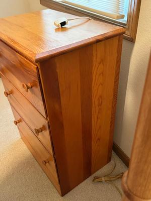KNOTTY PINE CHEST OF DRAWERS AND OAK FLOOR LAMP