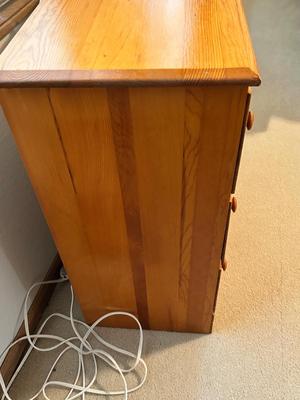 KNOTTY PINE CHEST OF DRAWERS AND OAK FLOOR LAMP