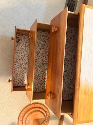 KNOTTY PINE CHEST OF DRAWERS AND OAK FLOOR LAMP