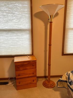 KNOTTY PINE CHEST OF DRAWERS AND OAK FLOOR LAMP
