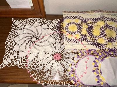 PRETTY PURPLE AND YELLOW DOILIES AND EMBROIDERED TABLE RUNNER