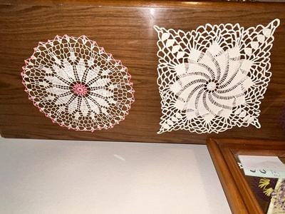 PRETTY PURPLE AND YELLOW DOILIES AND EMBROIDERED TABLE RUNNER