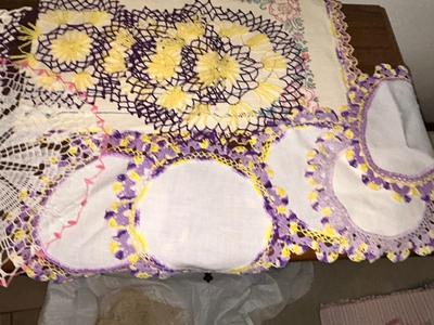 PRETTY PURPLE AND YELLOW DOILIES AND EMBROIDERED TABLE RUNNER