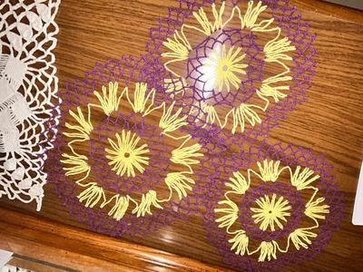 PRETTY PURPLE AND YELLOW DOILIES AND EMBROIDERED TABLE RUNNER