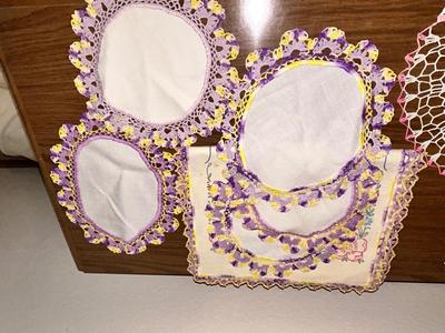 PRETTY PURPLE AND YELLOW DOILIES AND EMBROIDERED TABLE RUNNER