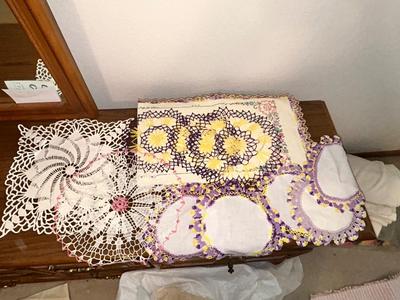 PRETTY PURPLE AND YELLOW DOILIES AND EMBROIDERED TABLE RUNNER