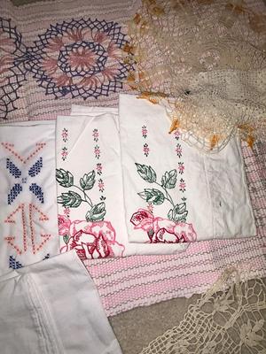 PARTIALLY FINISHED EMBROIDERED ITEMS, HAND WOVEN RUG AND DOILIES