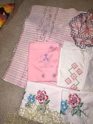 PARTIALLY FINISHED EMBROIDERED ITEMS, HAND WOVEN RUG AND DOILIES