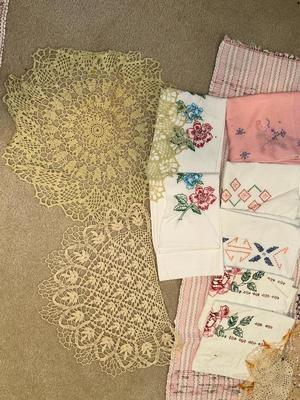 PARTIALLY FINISHED EMBROIDERED ITEMS, HAND WOVEN RUG AND DOILIES