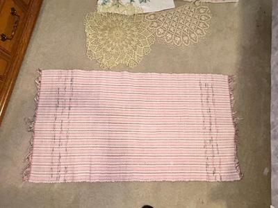 PARTIALLY FINISHED EMBROIDERED ITEMS, HAND WOVEN RUG AND DOILIES
