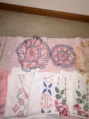 PARTIALLY FINISHED EMBROIDERED ITEMS, HAND WOVEN RUG AND DOILIES