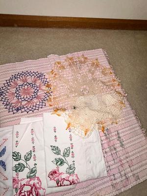 PARTIALLY FINISHED EMBROIDERED ITEMS, HAND WOVEN RUG AND DOILIES