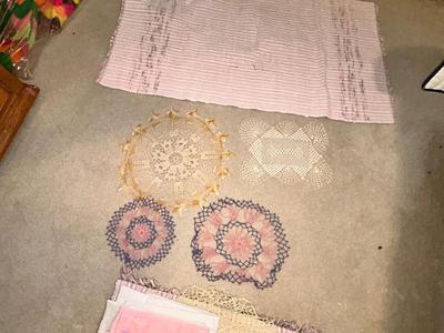 PARTIALLY FINISHED EMBROIDERED ITEMS, HAND WOVEN RUG AND DOILIES