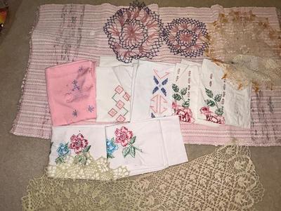 PARTIALLY FINISHED EMBROIDERED ITEMS, HAND WOVEN RUG AND DOILIES