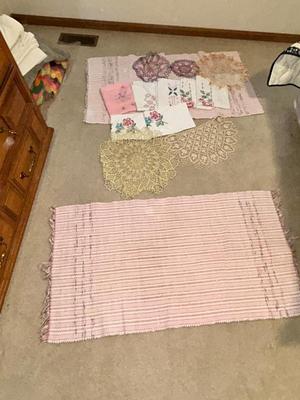 PARTIALLY FINISHED EMBROIDERED ITEMS, HAND WOVEN RUG AND DOILIES