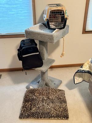 KITTY CAT ITEMS, CAT TREE, COZY MATS FOR THEM TO LAY ON, PET TAXI AND TRAVEL BAG