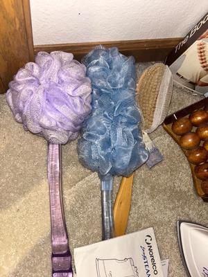 NORELCO IRON, CONTOURED LEG PILLOW, MASSAGERS, NEW LOOFAH’S, & AN IRONING BOARD
