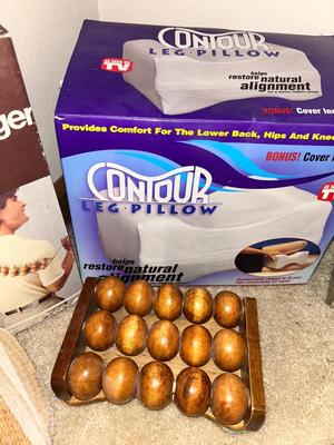 NORELCO IRON, CONTOURED LEG PILLOW, MASSAGERS, NEW LOOFAH’S, & AN IRONING BOARD