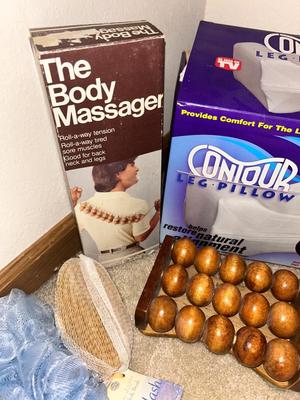NORELCO IRON, CONTOURED LEG PILLOW, MASSAGERS, NEW LOOFAH’S, & AN IRONING BOARD