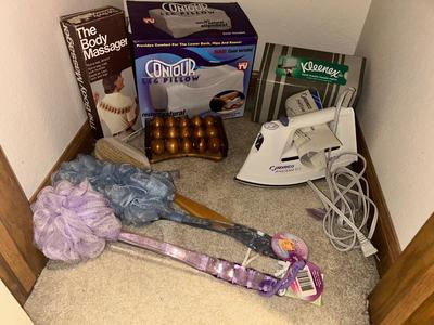 NORELCO IRON, CONTOURED LEG PILLOW, MASSAGERS, NEW LOOFAH’S, & AN IRONING BOARD