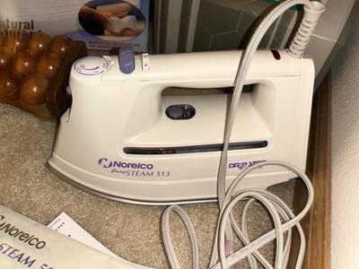 NORELCO IRON, CONTOURED LEG PILLOW, MASSAGERS, NEW LOOFAH’S, & AN IRONING BOARD