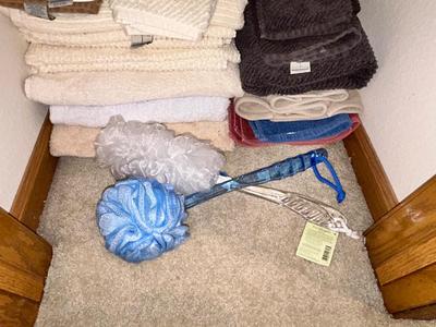 A VARIETY OF VERY PLUSH TOWELS and NEW LOOFAHS