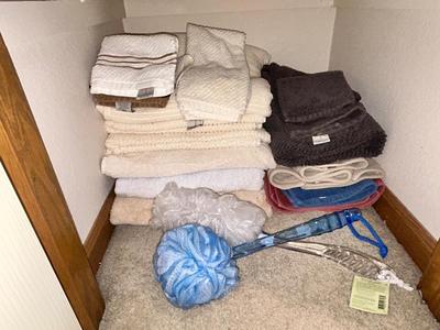 A VARIETY OF VERY PLUSH TOWELS and NEW LOOFAHS