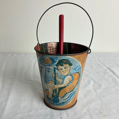 D900 Post WWII European Metal Scrap Sand Pail with Shovel